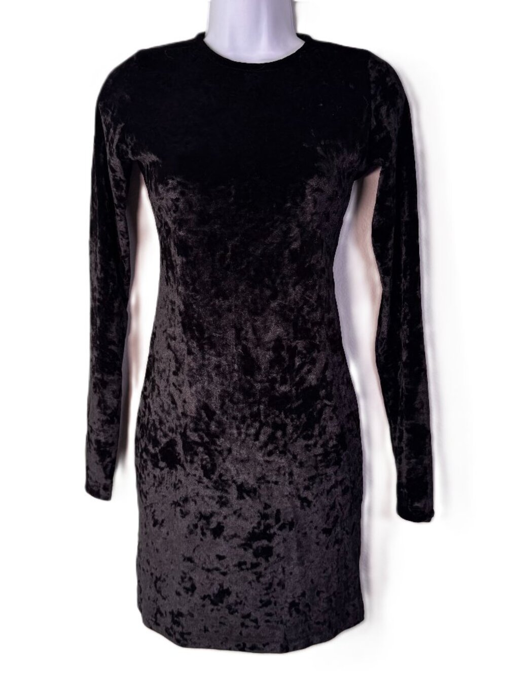 Kiki Riki Black Crushed Velvet Bodycon Mini Dress Long Sleeve Crew Neck Small  S